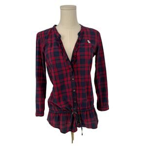 Y2K Abercrombie & Fitch Tartan Plaid Long Sleeve Tunic Shirt Drop Waist Ruffle S